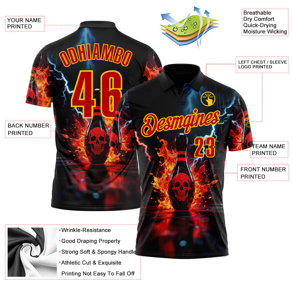 Custom Black Red-Yellow 3D Flame Lightning Skull Bowling Performance Polo Shirt view 3