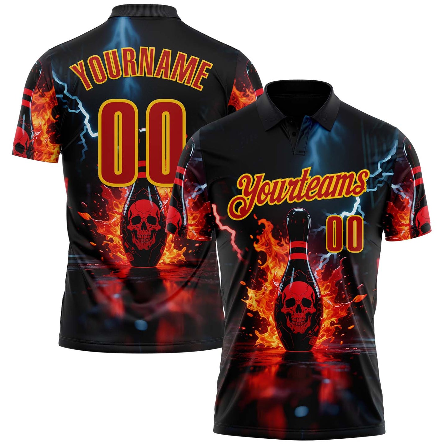 Custom Black Red-Yellow 3D Flame Lightning Skull Bowling Performance Polo Shirt - Main View