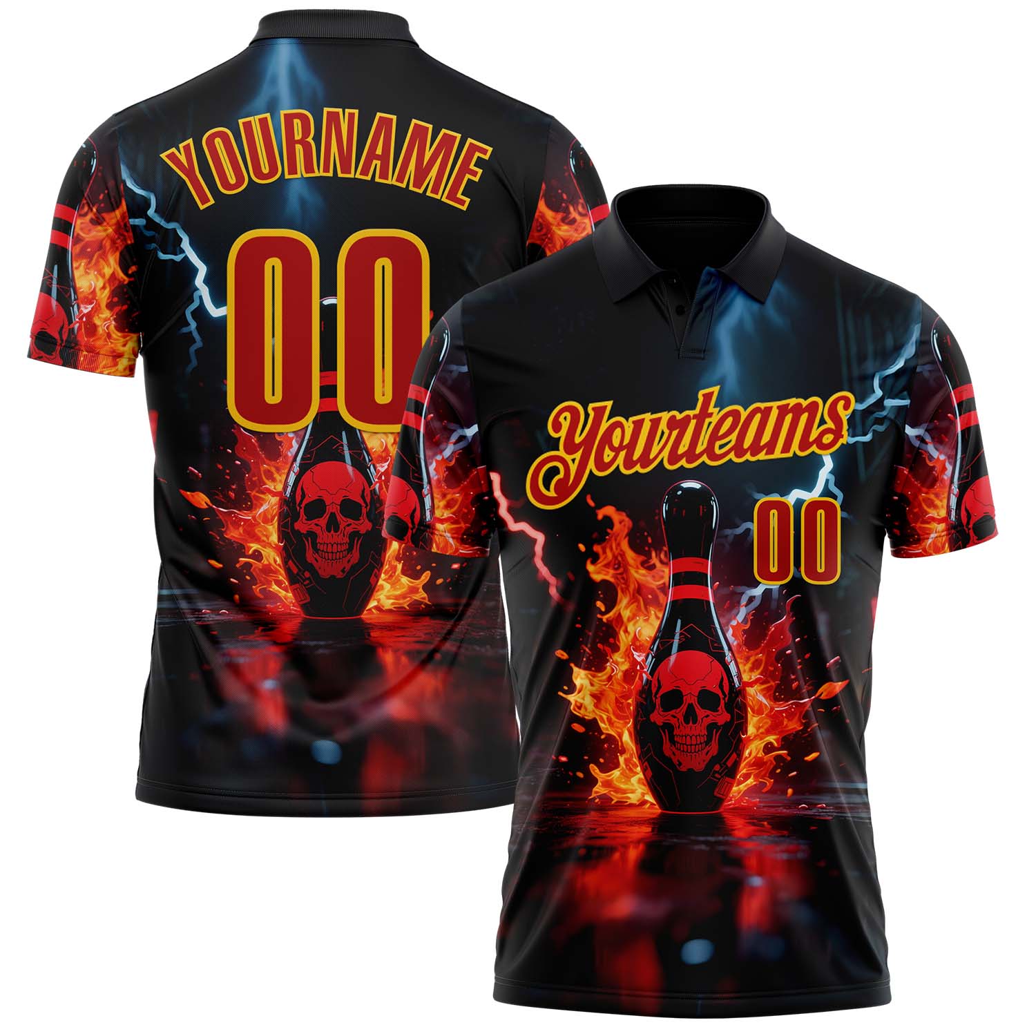 Custom Black Red-Yellow 3D Flame Lightning Skull Bowling Performance Polo Shirt - Main View