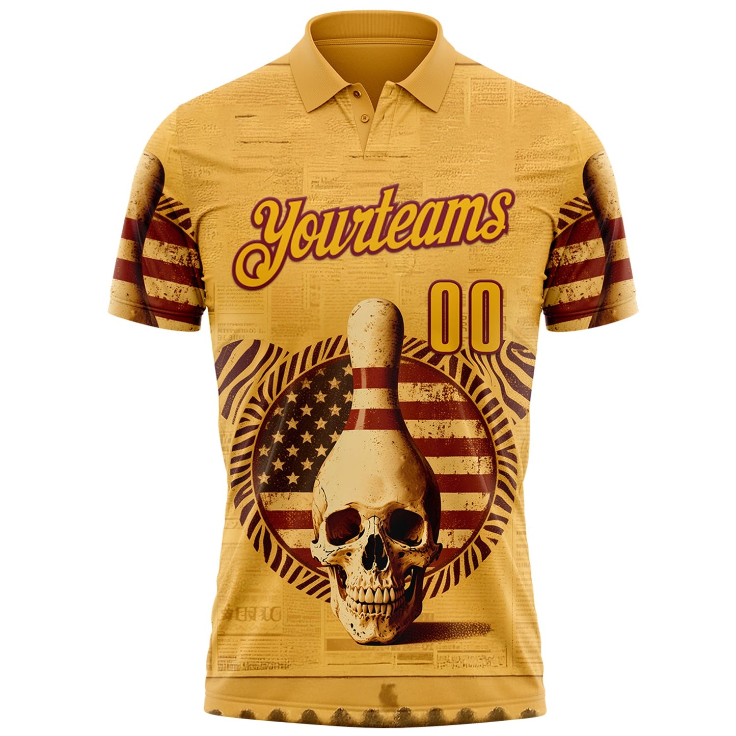 Custom Yellow Gold-Crimson 3D Retro American Flag Skull Bowling Performance Polo Shirt view 2