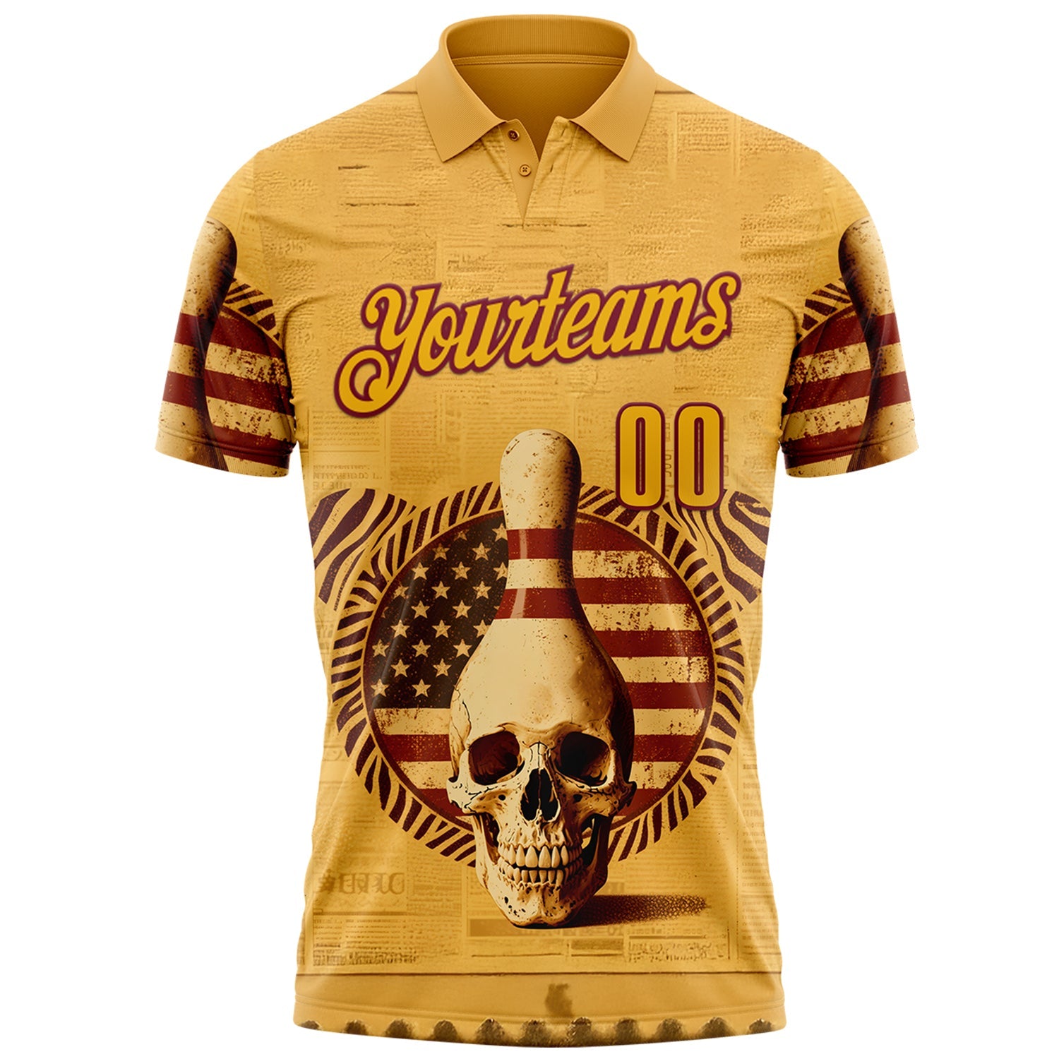 Custom Yellow Gold-Crimson 3D Retro American Flag Skull Bowling Performance Polo Shirt view 2