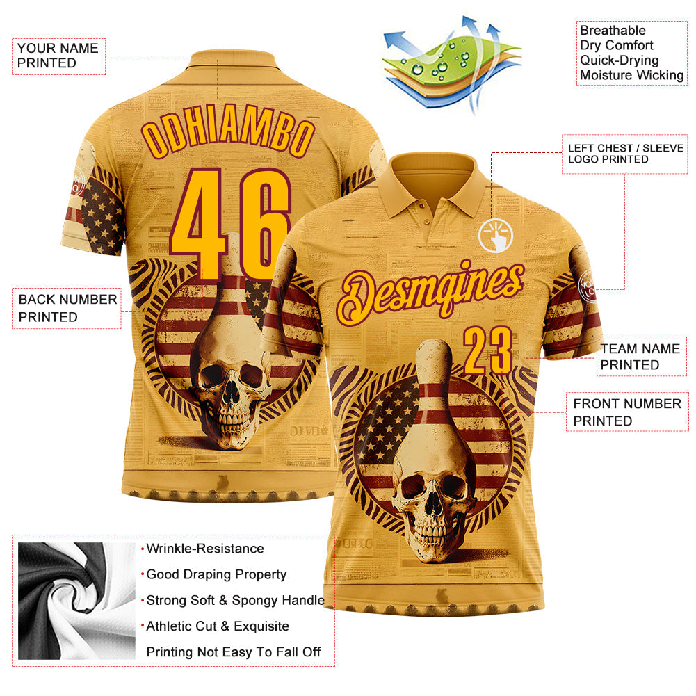 Custom Yellow Gold-Crimson 3D Retro American Flag Skull Bowling Performance Polo Shirt view 3