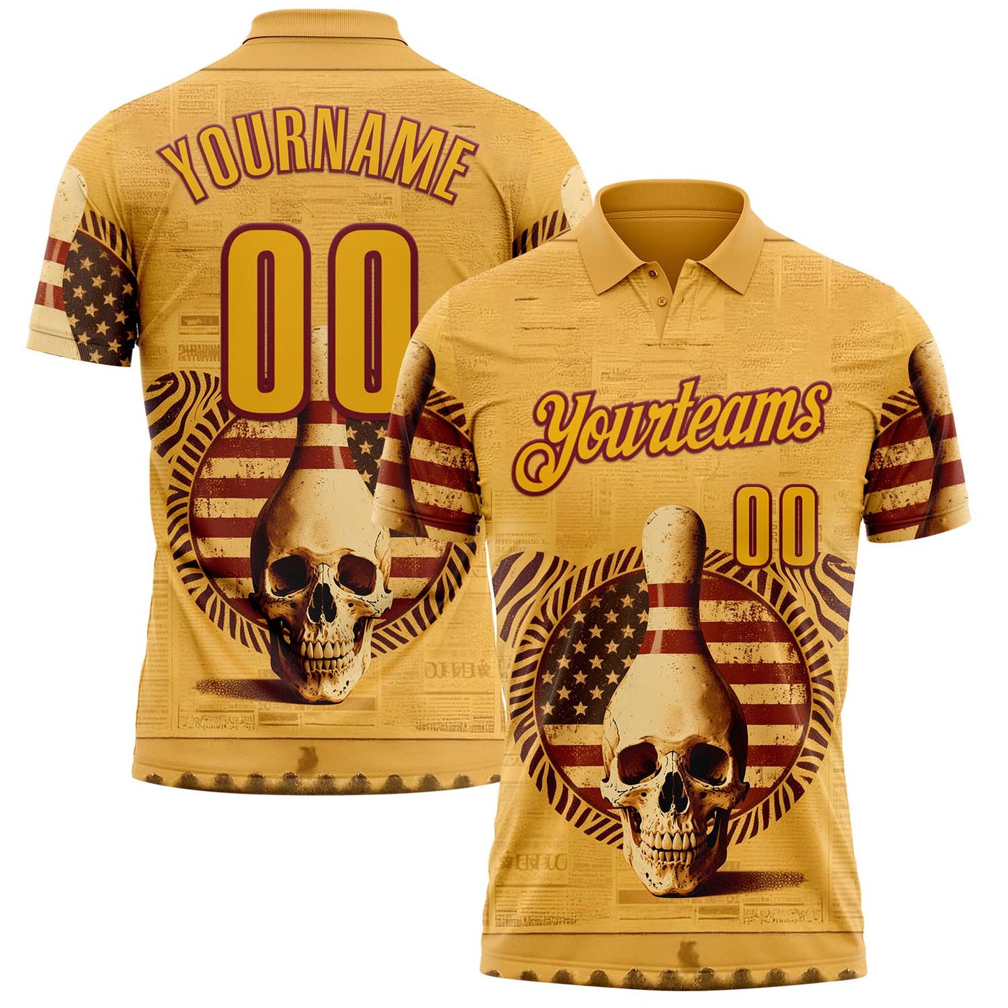Custom Yellow Gold-Crimson 3D Retro American Flag Skull Bowling Performance Polo Shirt - Main View