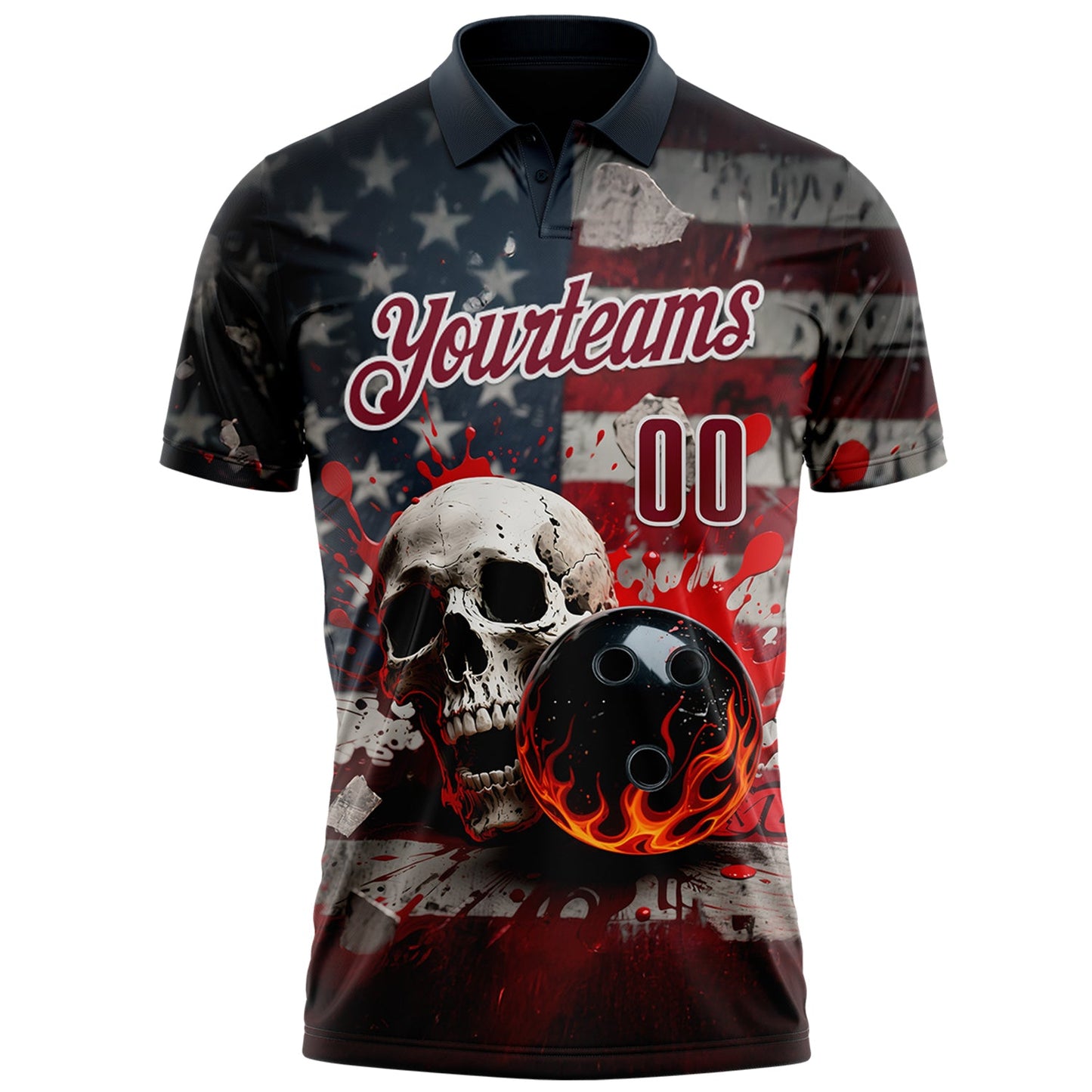 Custom Navy Crimson-White 3D American Flag Splash Flame Skull Bowling Performance Polo Shirt view 2