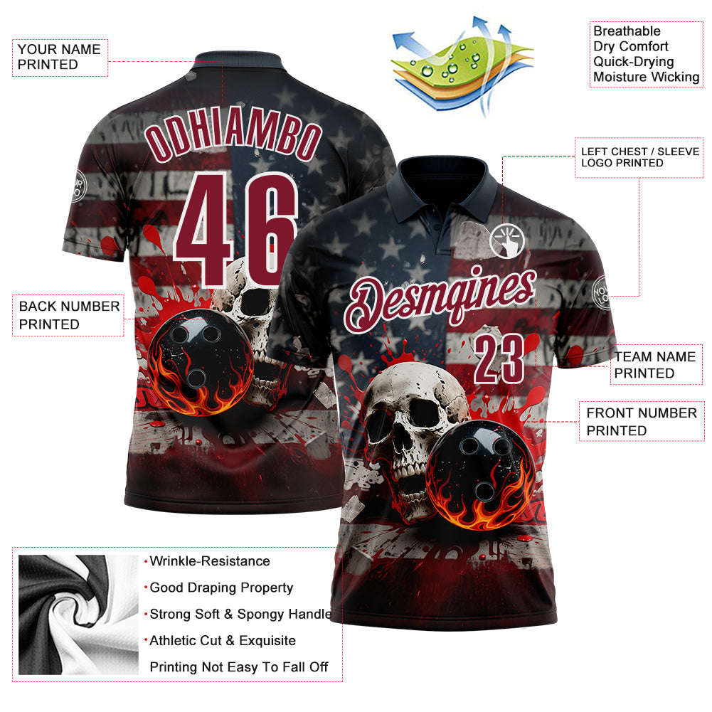 Custom Navy Crimson-White 3D American Flag Splash Flame Skull Bowling Performance Polo Shirt view 3