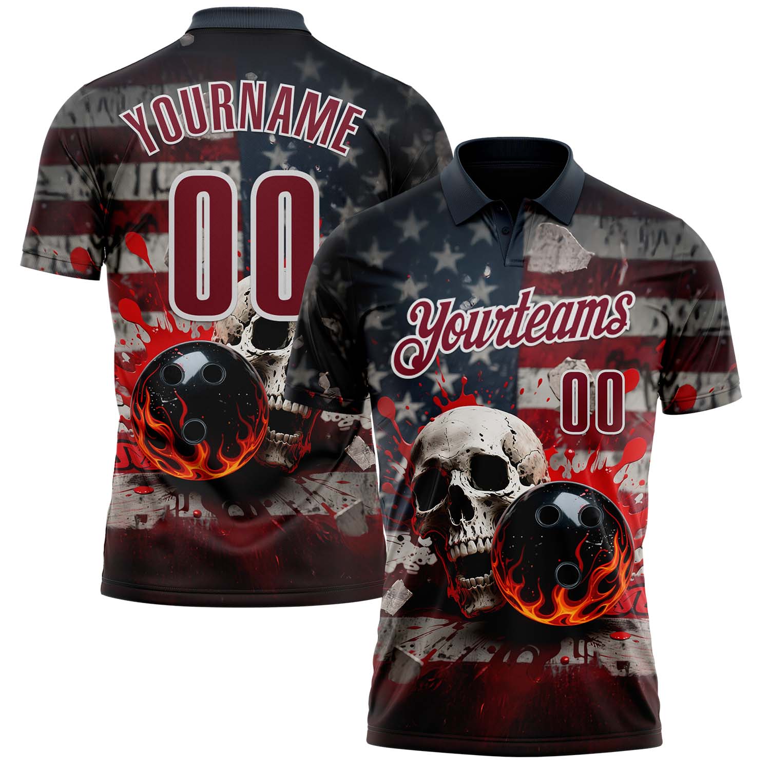 Custom Navy Crimson-White 3D American Flag Splash Flame Skull Bowling Performance Polo Shirt - Main View