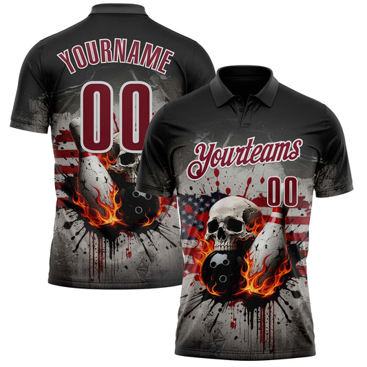 Custom Black Crimson-White 3D American Flag Splash Flame Skull Bowling Performance Polo Shirt - Main View