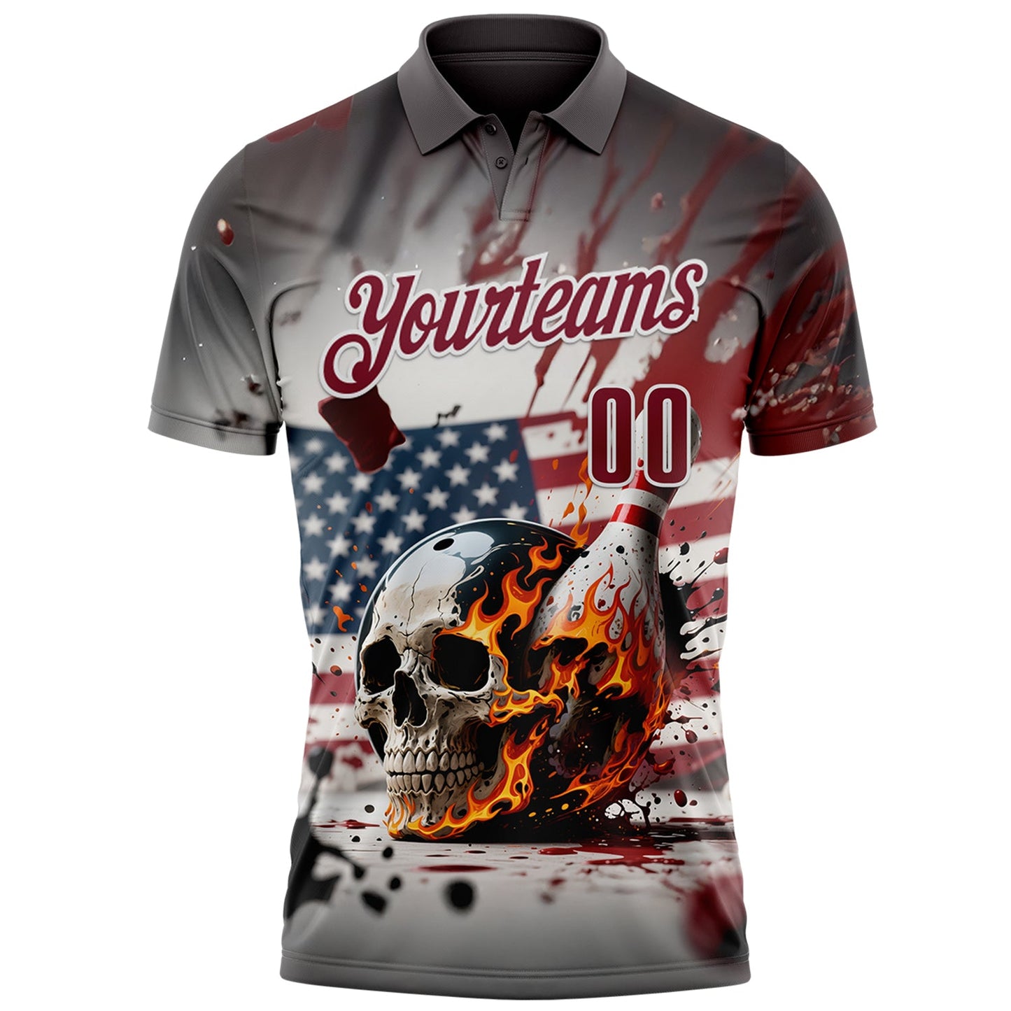 Custom Gray Crimson-White 3D American Flag Splash Flame Skull Bowling Performance Polo Shirt view 2