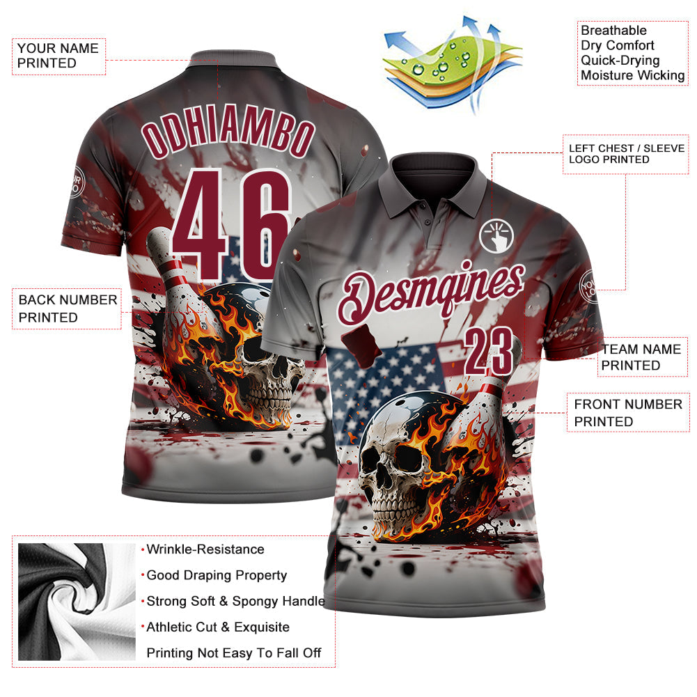 Custom Gray Crimson-White 3D American Flag Splash Flame Skull Bowling Performance Polo Shirt view 3