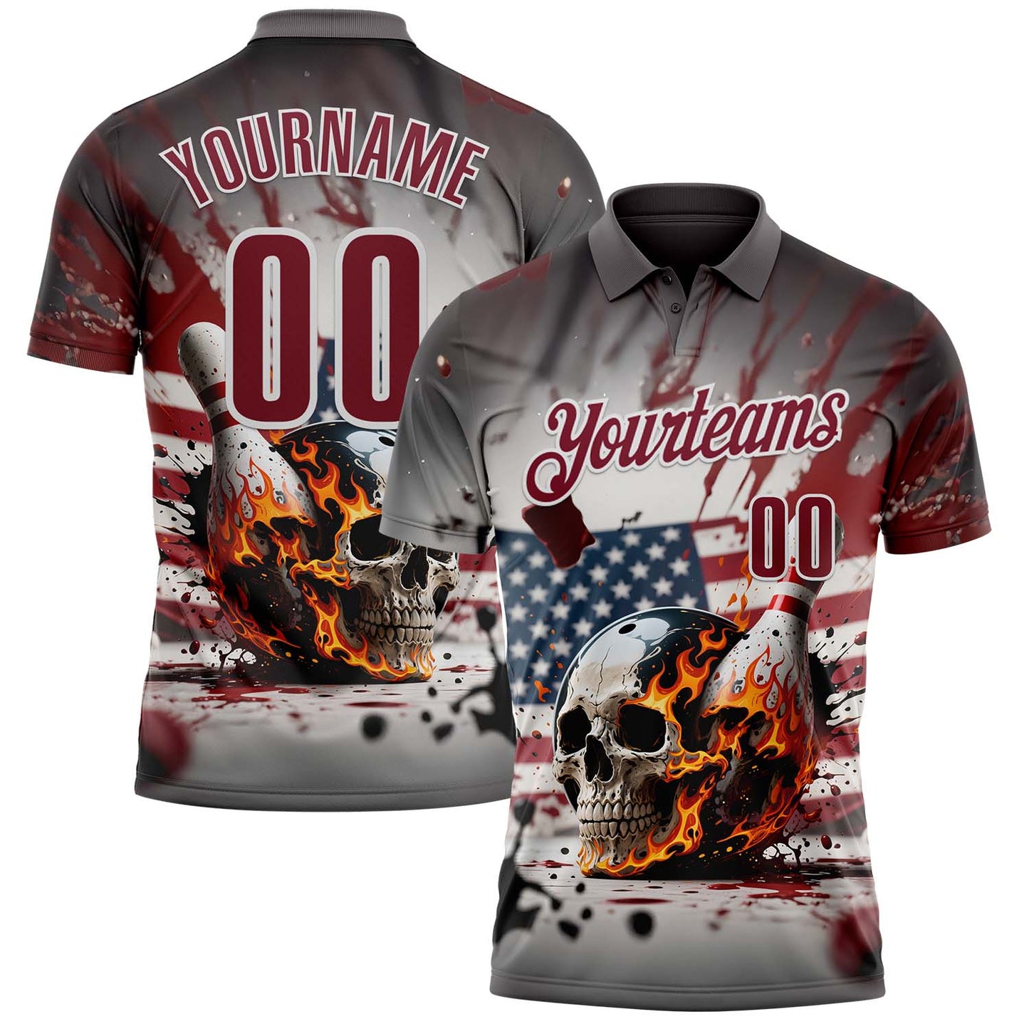 Custom Gray Crimson-White 3D American Flag Splash Flame Skull Bowling Performance Polo Shirt - Main View