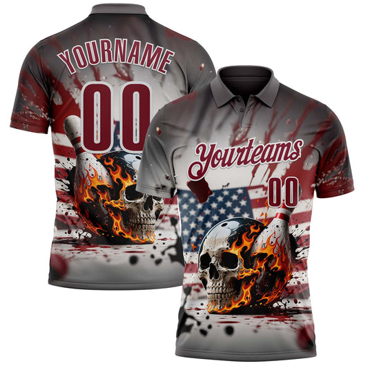 Custom Gray Crimson-White 3D American Flag Splash Flame Skull Bowling Performance Polo Shirt - Main View