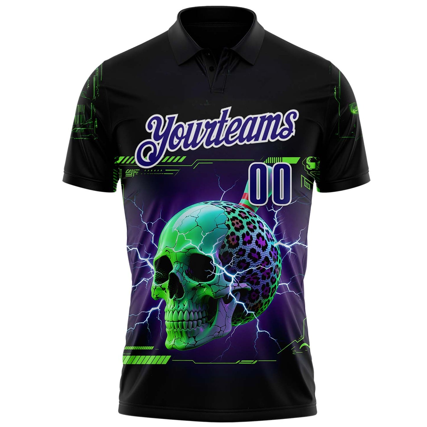 Custom Black Dark Purple-White 3D Lightning Leopard Print Skull Bowling Performance Polo Shirt view 2