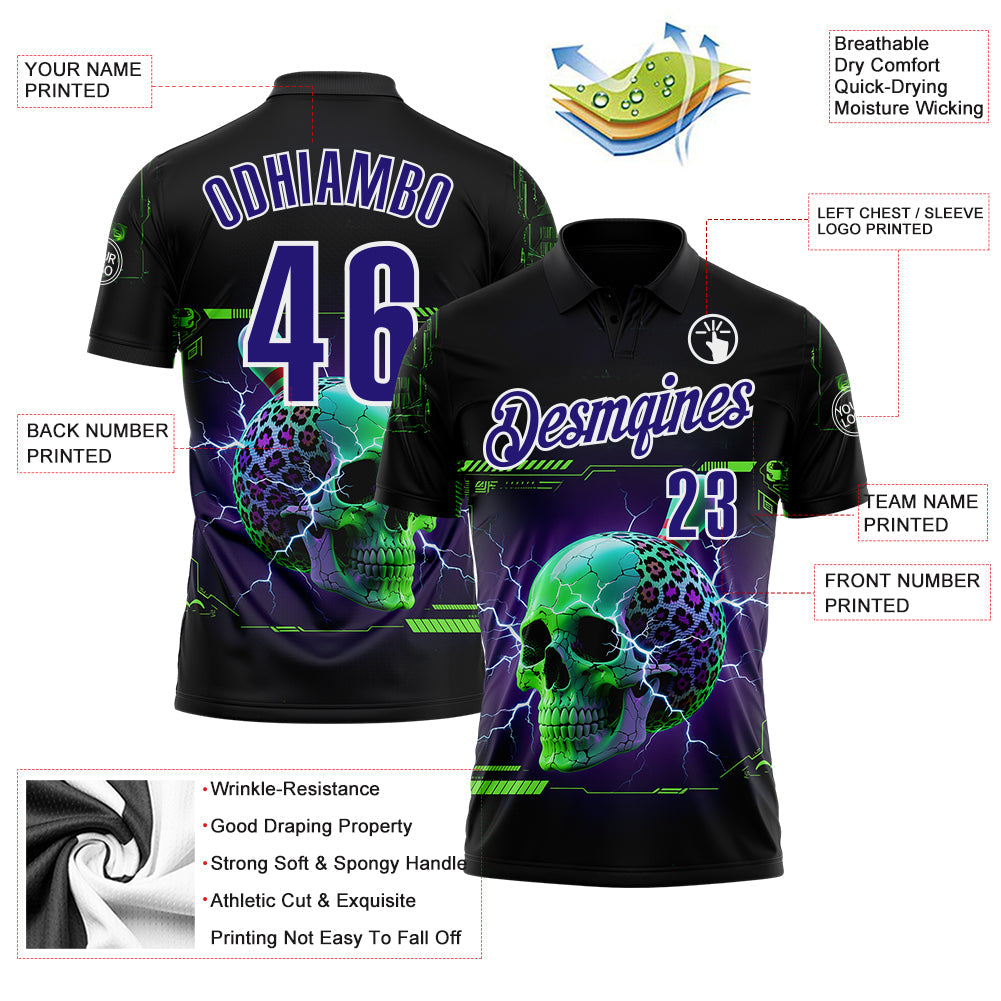 Custom Black Dark Purple-White 3D Lightning Leopard Print Skull Bowling Performance Polo Shirt view 3