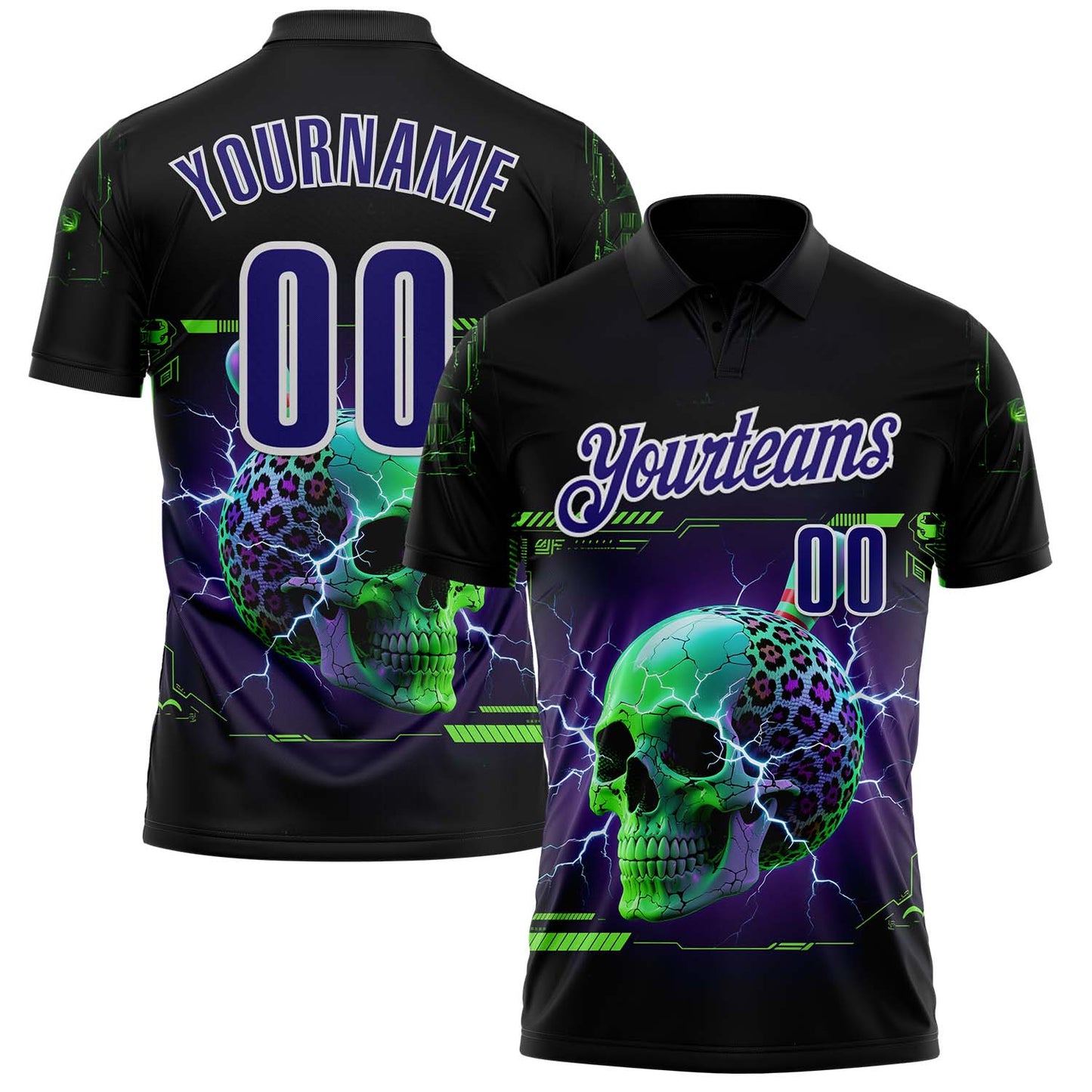 Custom Black Dark Purple-White 3D Lightning Leopard Print Skull Bowling Performance Polo Shirt - Main View