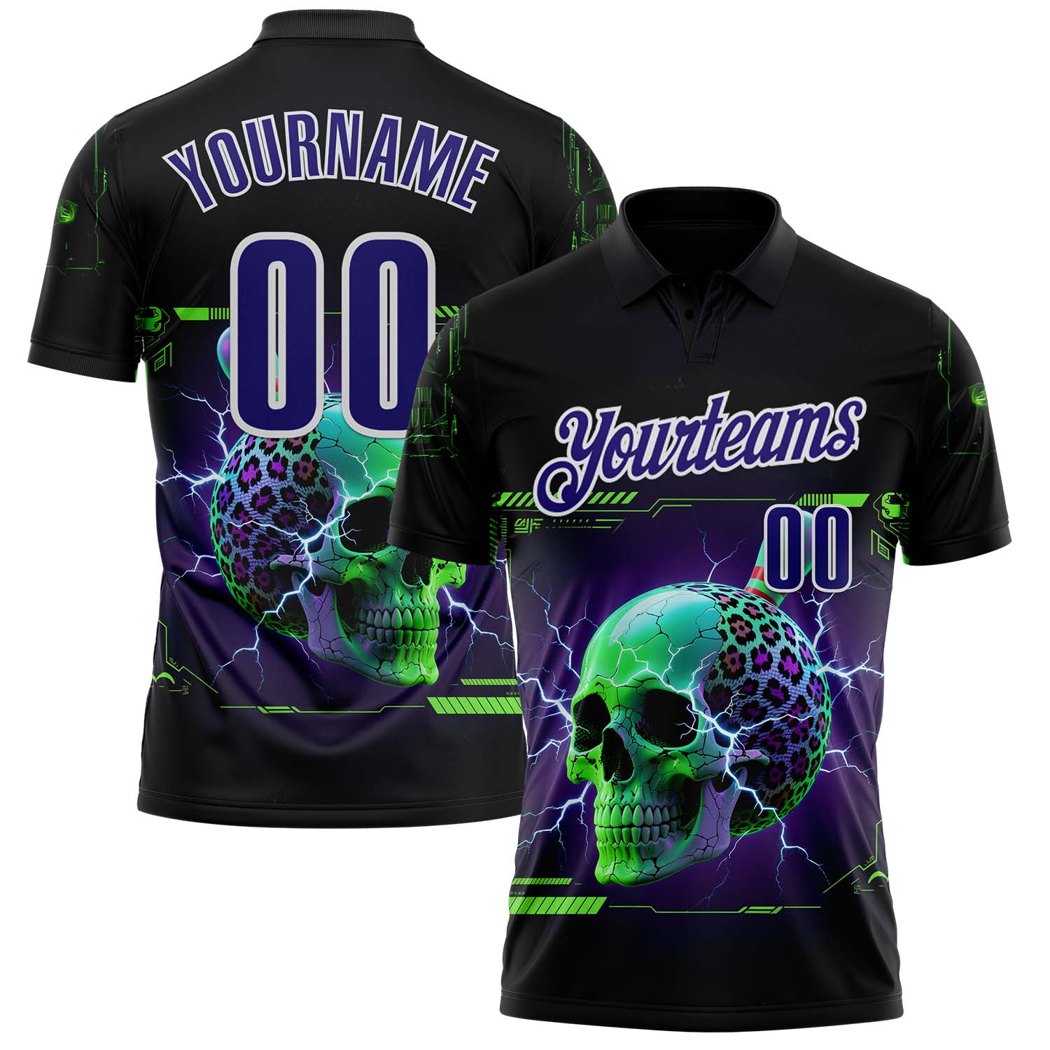 Custom Black Dark Purple-White 3D Lightning Leopard Print Skull Bowling Performance Polo Shirt - Main View
