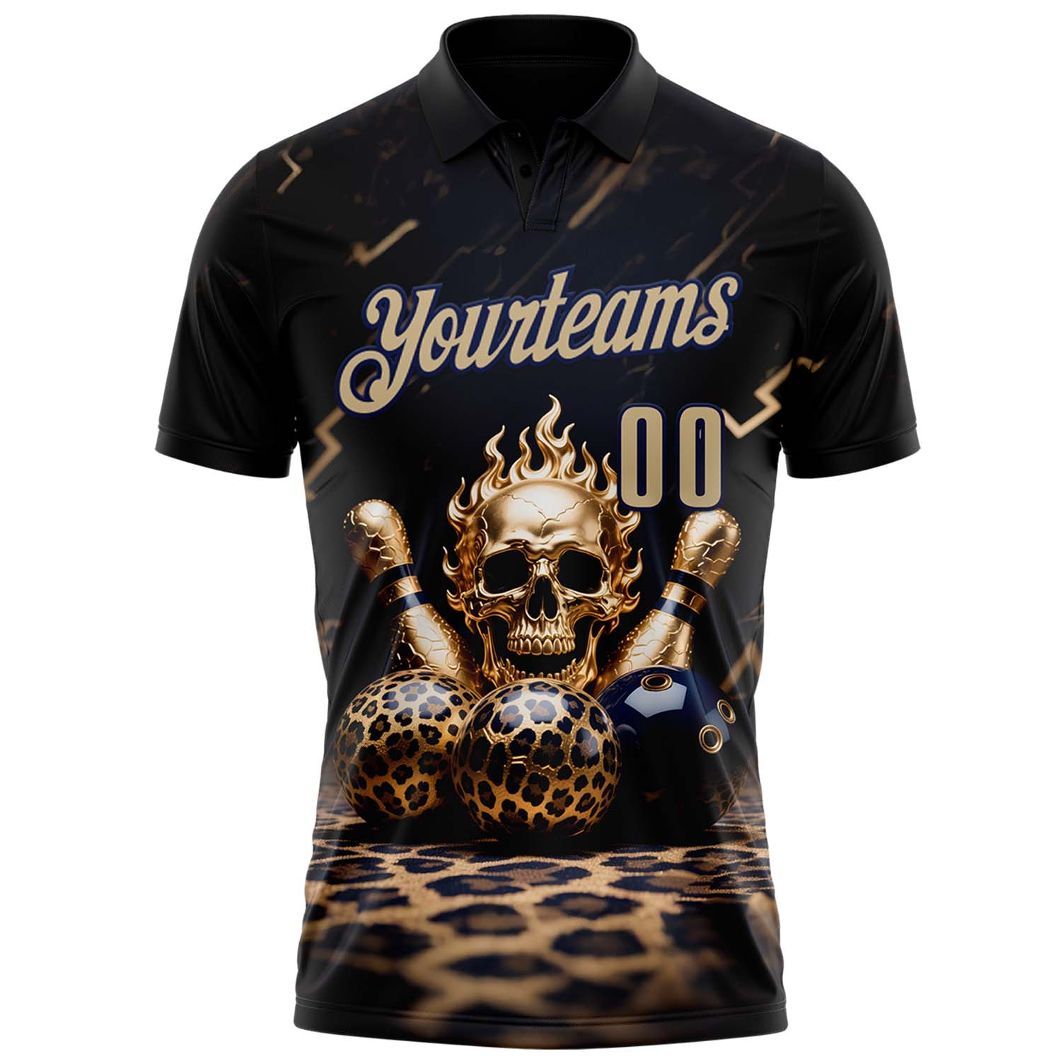 Custom Black Vegas Gold-Navy 3D Leopard Print Metal Skull Bowling Performance Polo Shirt view 2