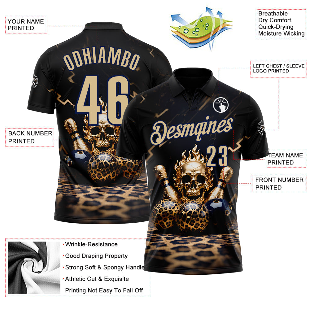 Custom Black Vegas Gold-Navy 3D Leopard Print Metal Skull Bowling Performance Polo Shirt view 3