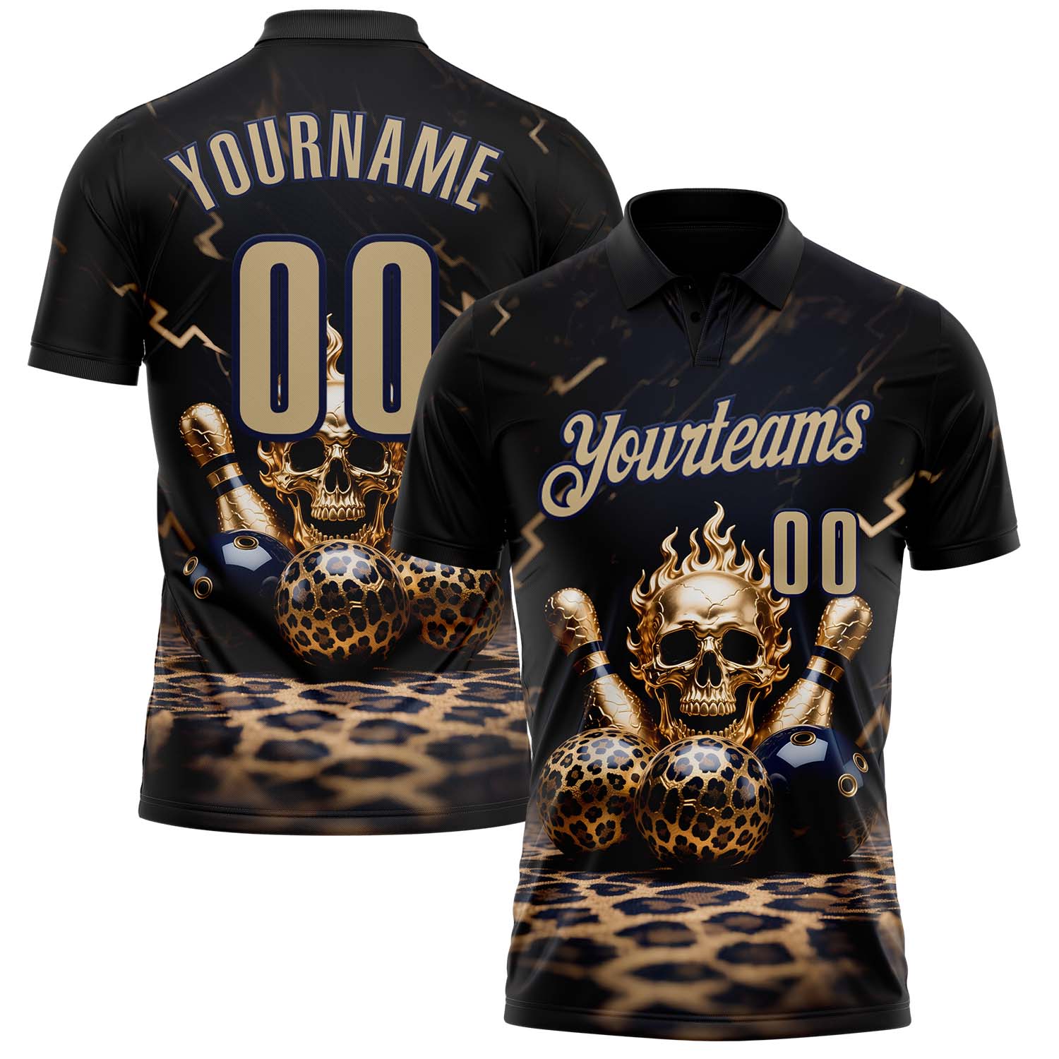 Custom Black Vegas Gold-Navy 3D Leopard Print Metal Skull Bowling Performance Polo Shirt - Main View
