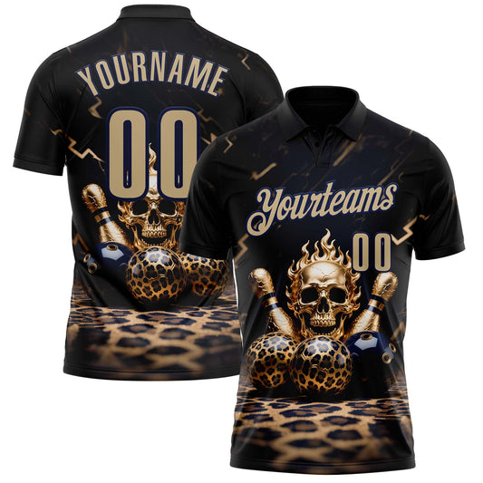 Custom Black Vegas Gold-Navy 3D Leopard Print Metal Skull Bowling Performance Polo Shirt - Main View