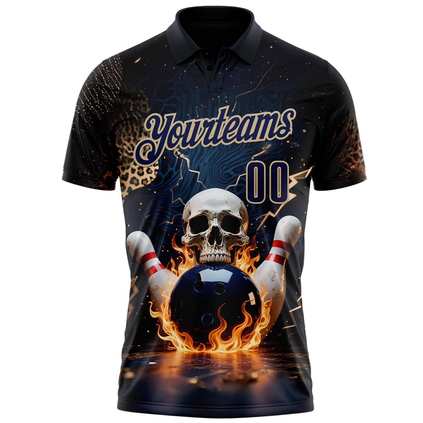 Custom Navy Vegas Gold 3D Flame Leopard Print Skull Bowling Performance Polo Shirt view 2