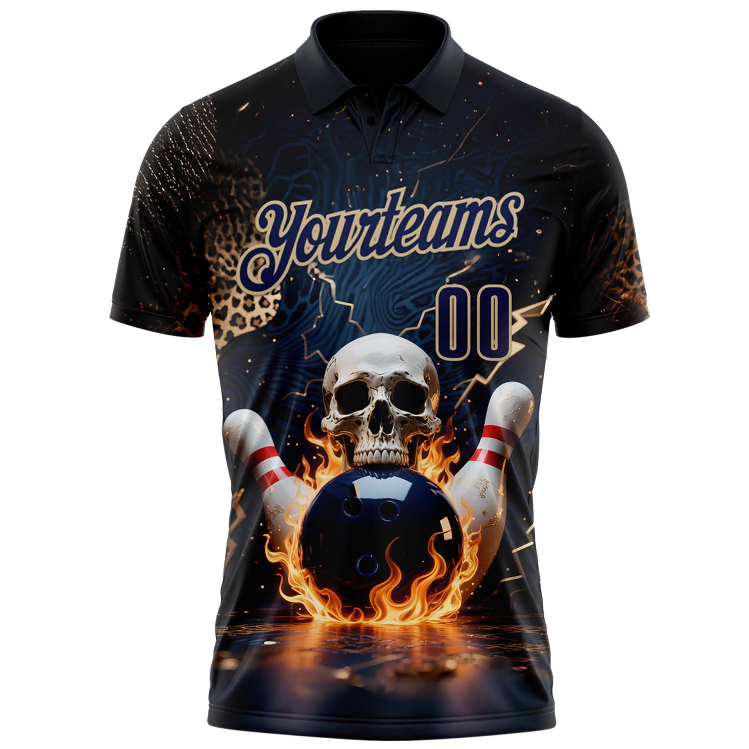 Custom Navy Vegas Gold 3D Flame Leopard Print Skull Bowling Performance Polo Shirt view 2