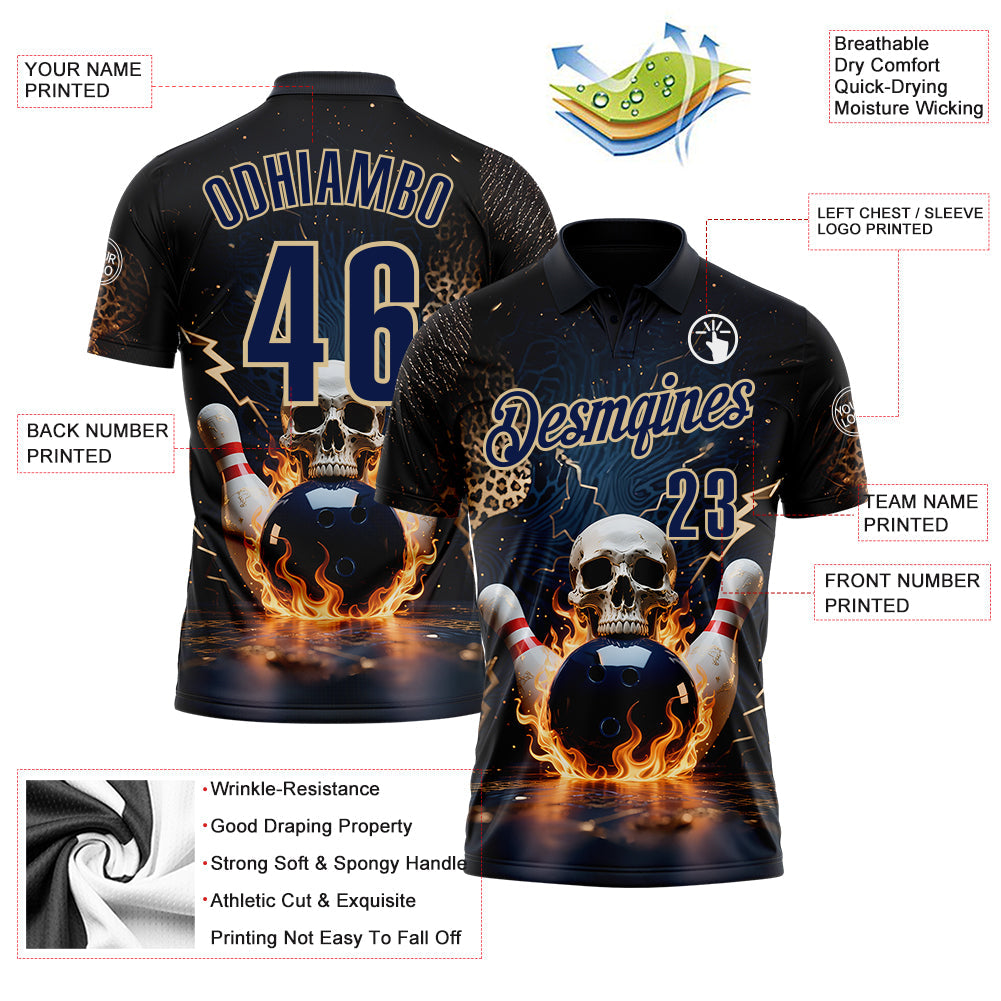 Custom Navy Vegas Gold 3D Flame Leopard Print Skull Bowling Performance Polo Shirt view 3