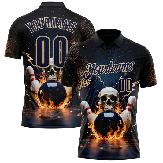 Custom Navy Vegas Gold 3D Flame Leopard Print Skull Bowling Performance Polo Shirt - Main View