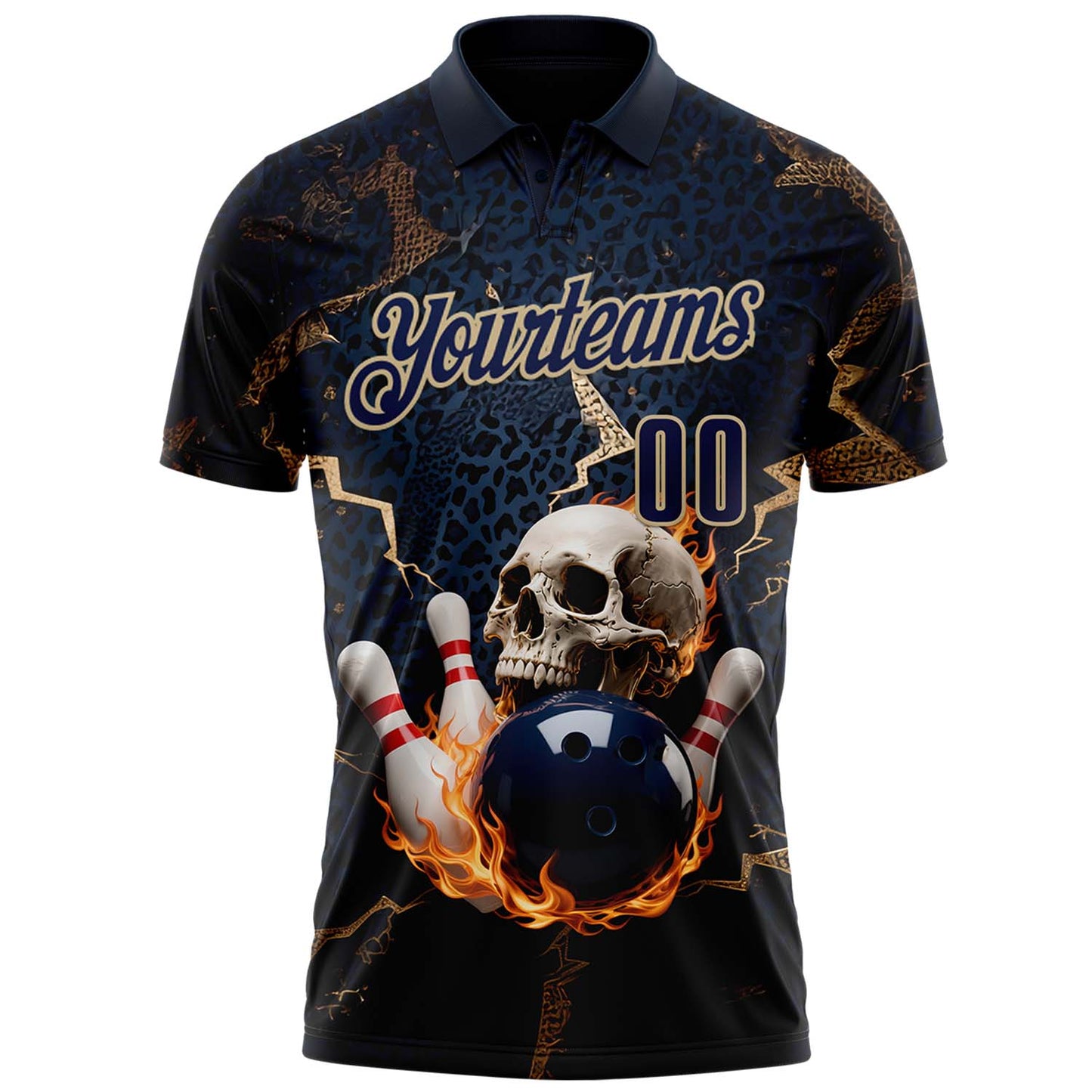 Custom Navy Vegas Gold 3D Flame Leopard Print Skull Bowling Performance Polo Shirt view 2