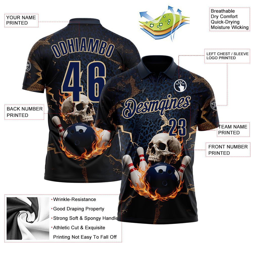Custom Navy Vegas Gold 3D Flame Leopard Print Skull Bowling Performance Polo Shirt view 3