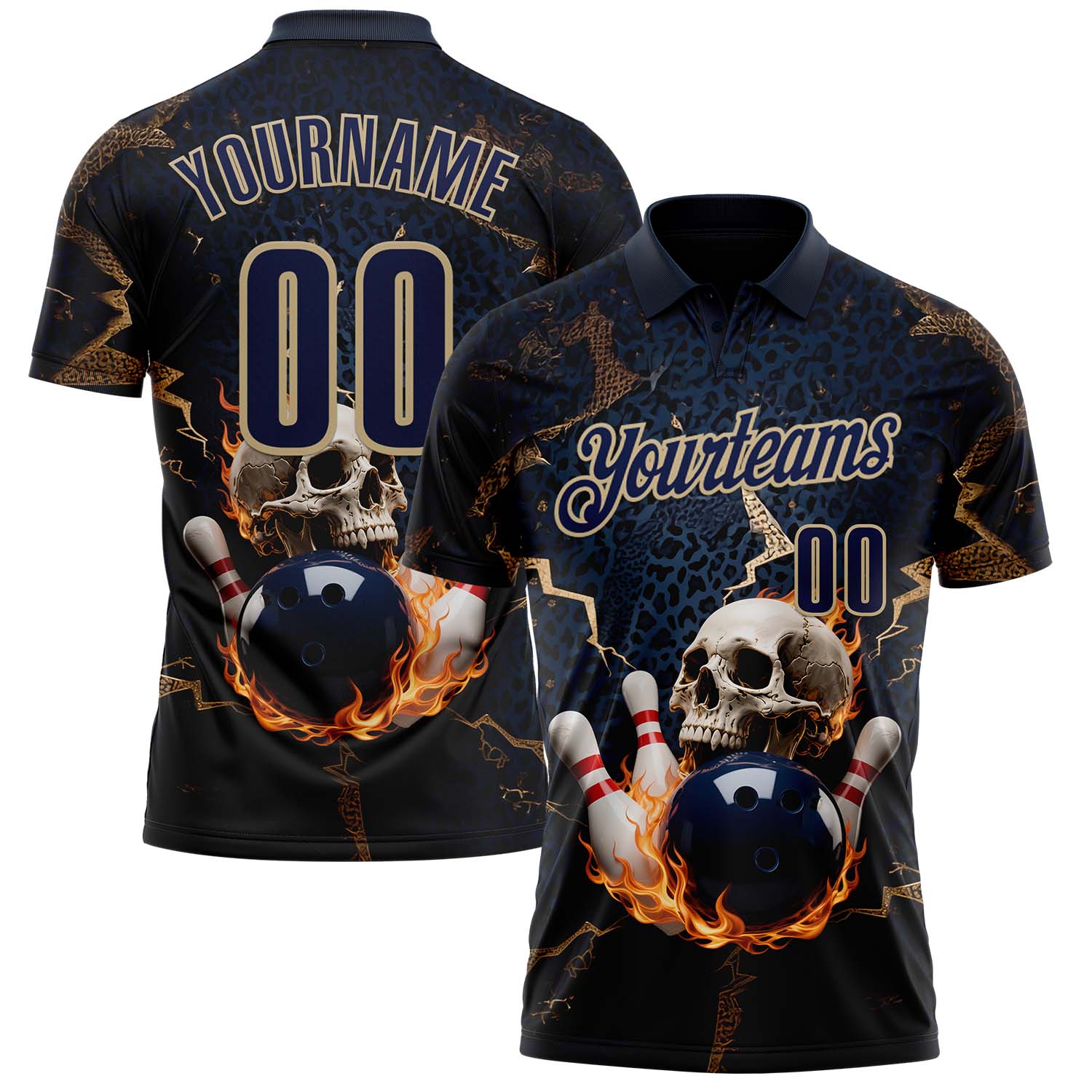 Custom Navy Vegas Gold 3D Flame Leopard Print Skull Bowling Performance Polo Shirt - Main View