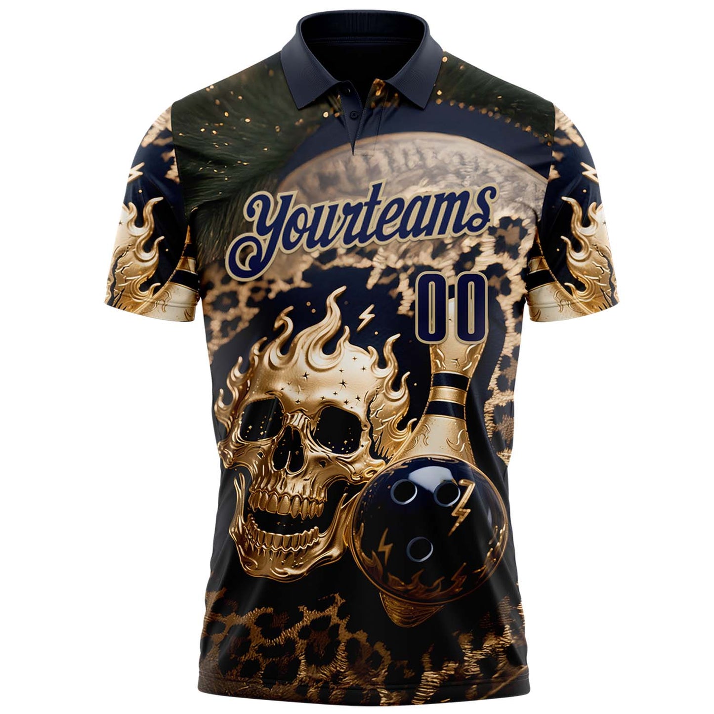 Custom Navy Vegas Gold 3D Leopard Print Metal Skull Bowling Performance Polo Shirt view 2