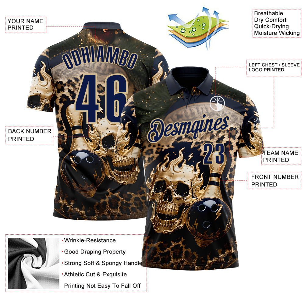 Custom Navy Vegas Gold 3D Leopard Print Metal Skull Bowling Performance Polo Shirt view 3