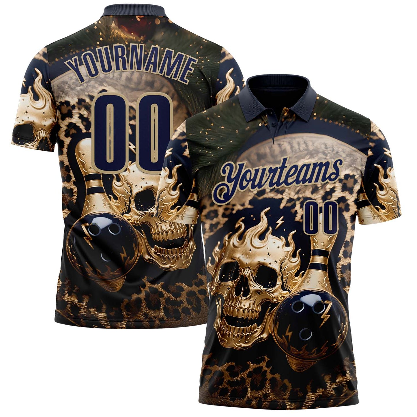 Custom Navy Vegas Gold 3D Leopard Print Metal Skull Bowling Performance Polo Shirt - Main View