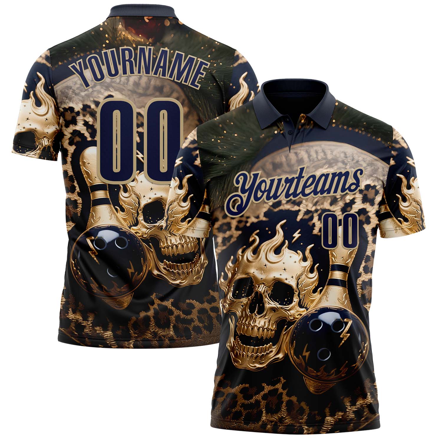 Custom Navy Vegas Gold 3D Leopard Print Metal Skull Bowling Performance Polo Shirt - Main View
