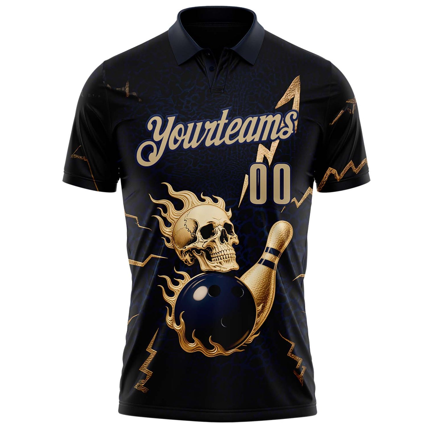 Custom Navy Vegas Gold 3D Metal Skull Bowling Performance Polo Shirt view 2