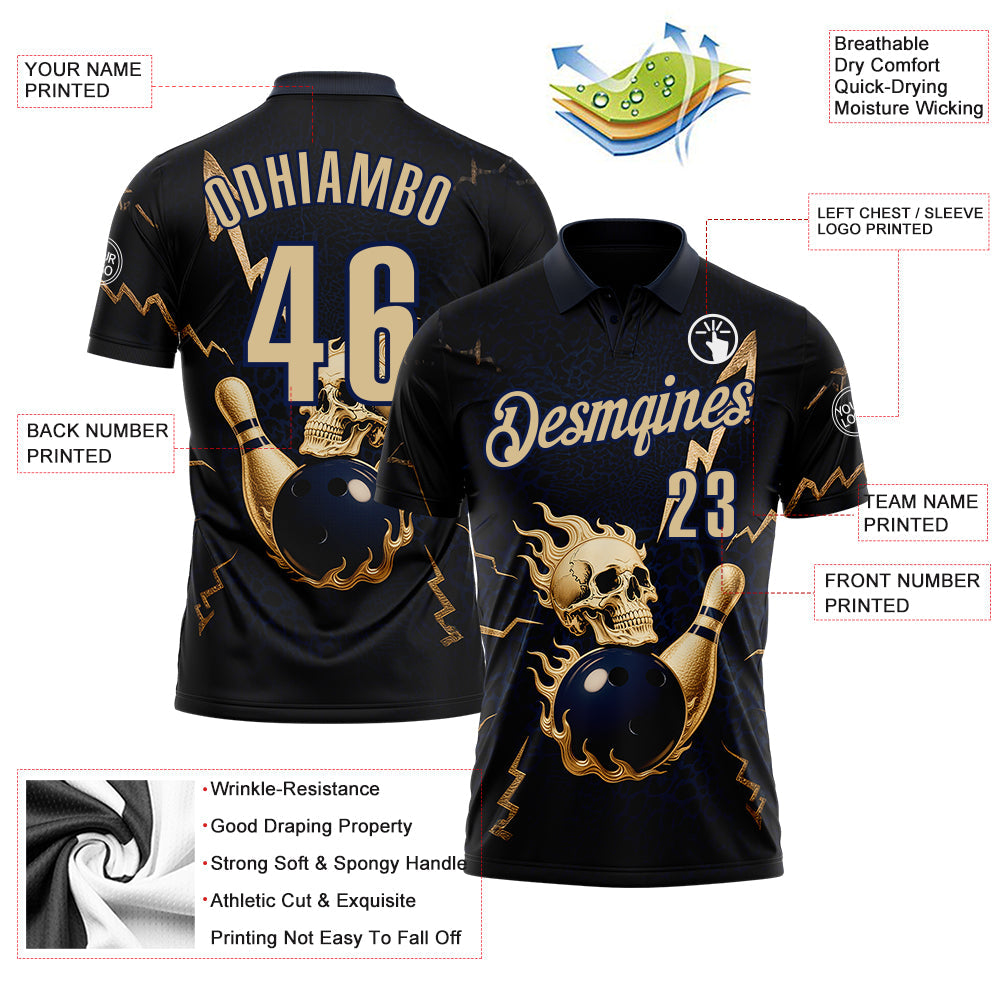 Custom Navy Vegas Gold 3D Metal Skull Bowling Performance Polo Shirt view 3