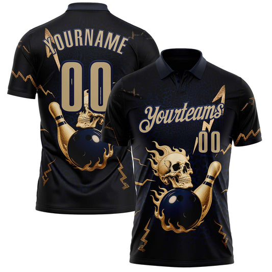 Custom Navy Vegas Gold 3D Metal Skull Bowling Performance Polo Shirt - Main View