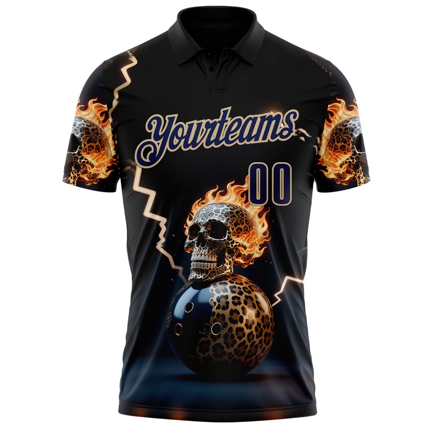 Custom Navy Vegas Gold 3D Flame Leopard Print Skull Bowling Performance Polo Shirt view 2