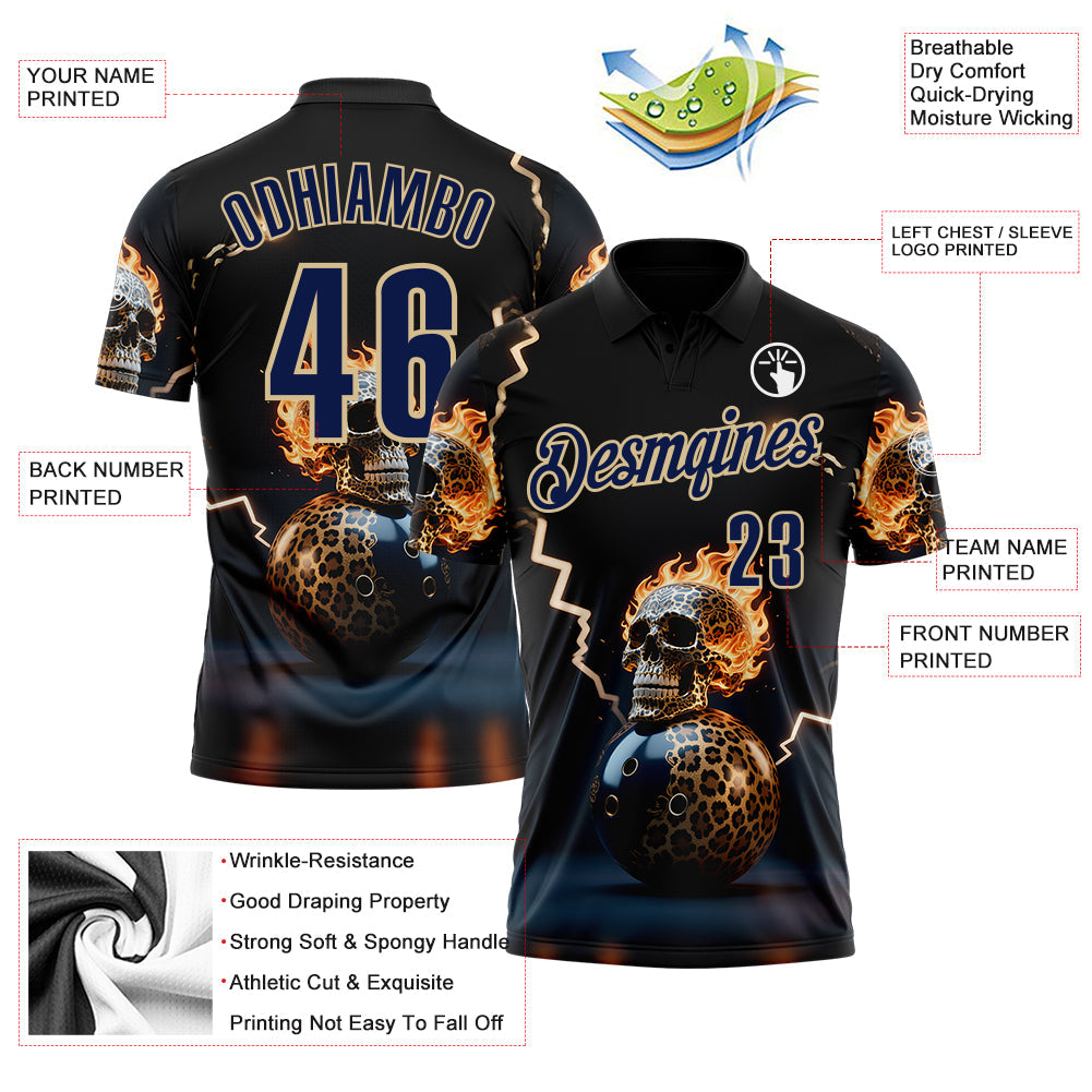 Custom Navy Vegas Gold 3D Flame Leopard Print Skull Bowling Performance Polo Shirt view 3