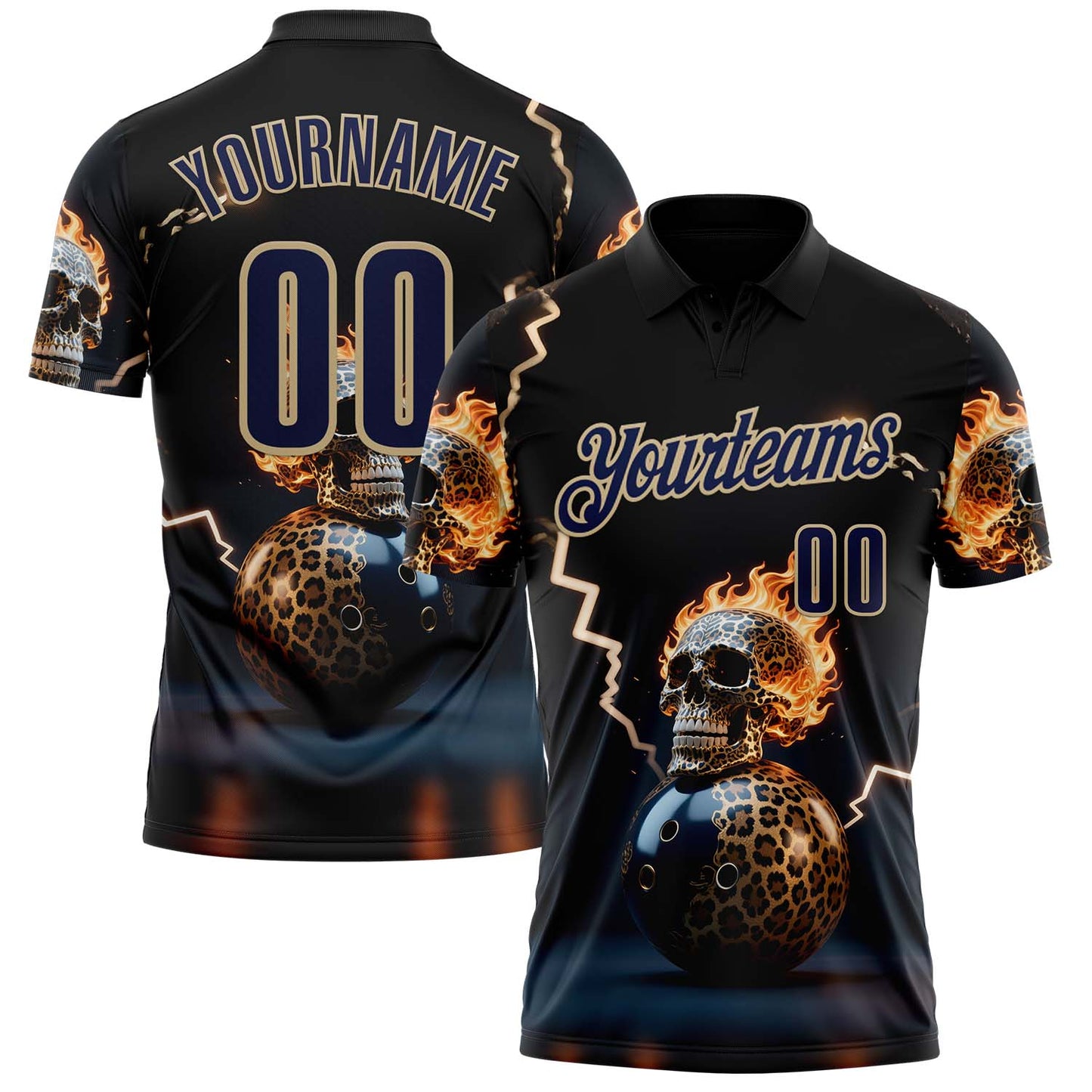 Custom Navy Vegas Gold 3D Flame Leopard Print Skull Bowling Performance Polo Shirt - Main View