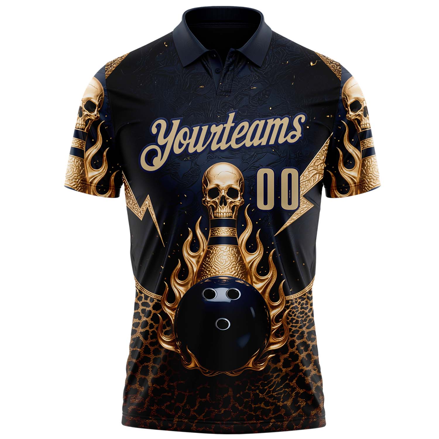 Custom Navy Vegas Gold 3D Leopard Print Metal Skull Bowling Performance Polo Shirt view 2