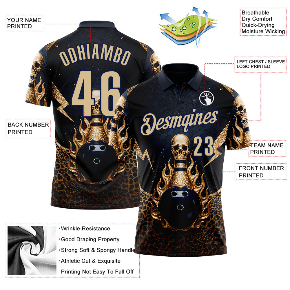 Custom Navy Vegas Gold 3D Leopard Print Metal Skull Bowling Performance Polo Shirt view 3