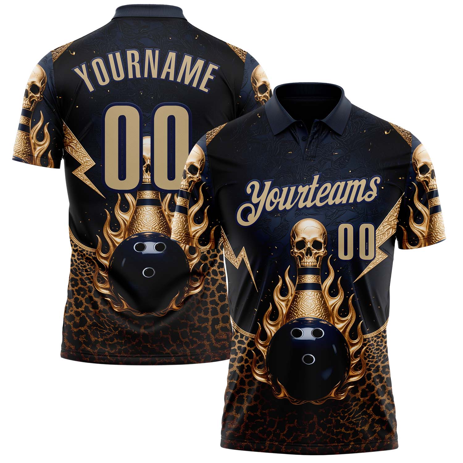 Custom Navy Vegas Gold 3D Leopard Print Metal Skull Bowling Performance Polo Shirt - Main View