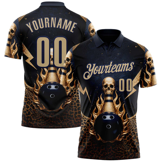Custom Navy Vegas Gold 3D Leopard Print Metal Skull Bowling Performance Polo Shirt - Main View
