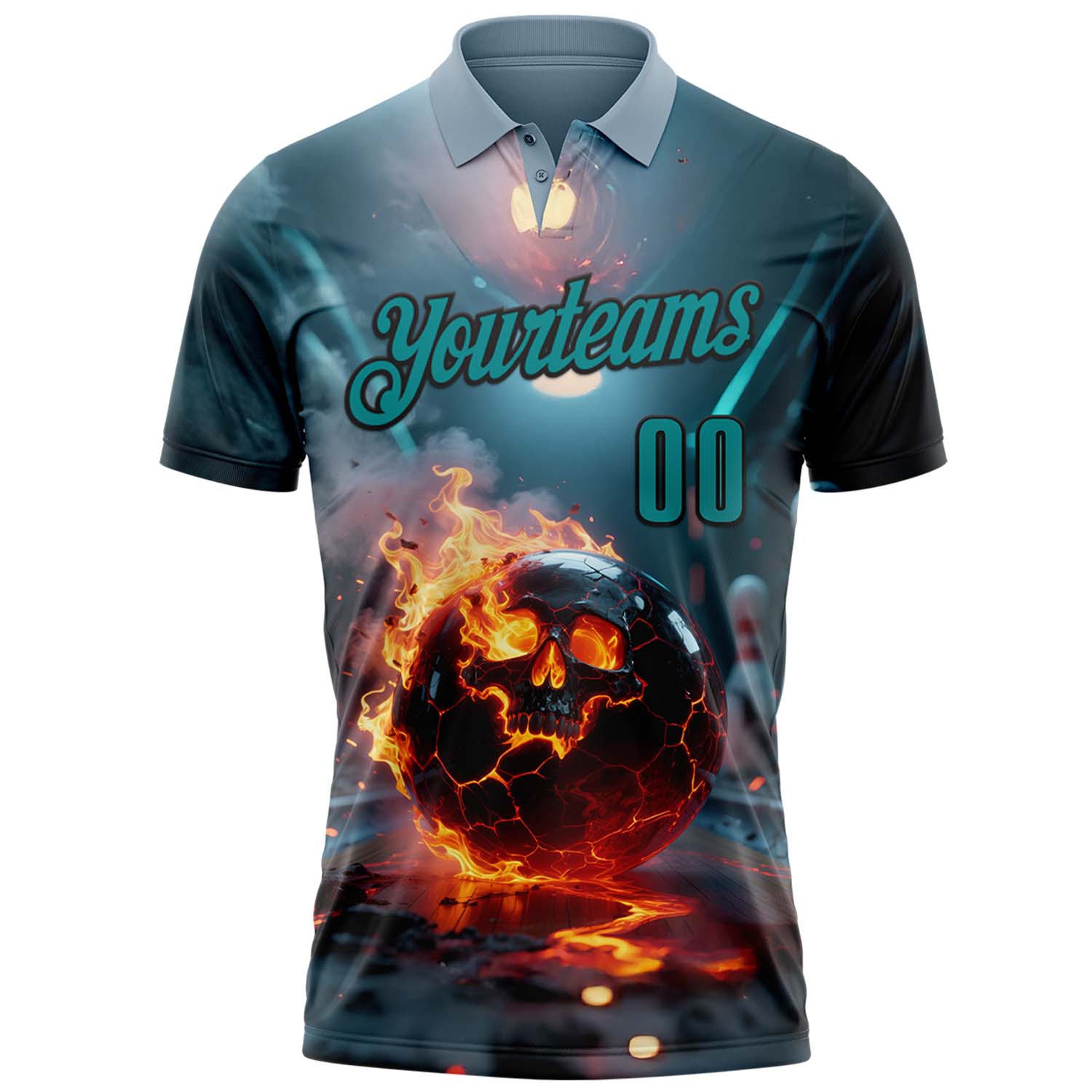 Custom Blue Teal-Black 3D Flame Skull Bowling Performance Polo Shirt view 2
