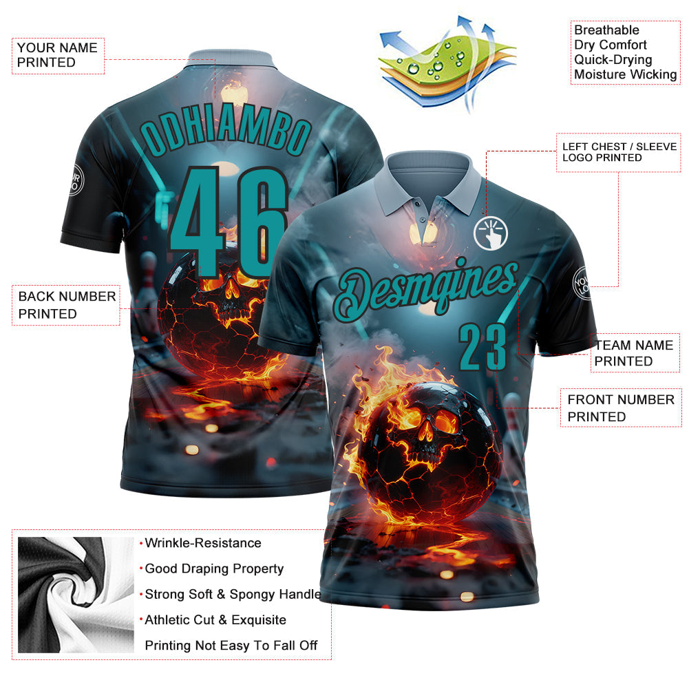 Custom Blue Teal-Black 3D Flame Skull Bowling Performance Polo Shirt view 3