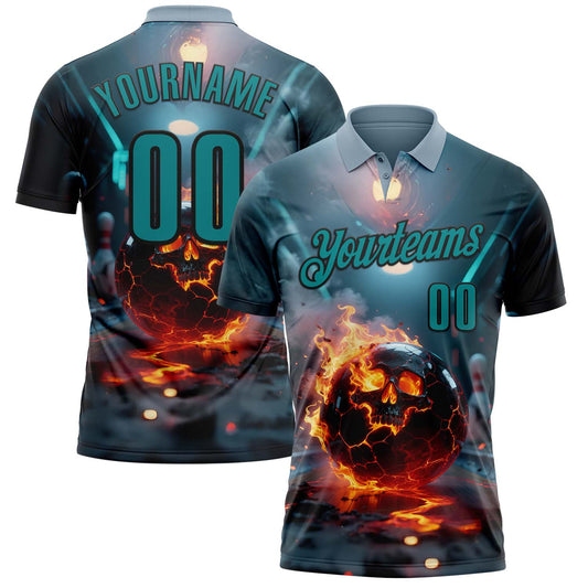 Custom Blue Teal-Black 3D Flame Skull Bowling Performance Polo Shirt - Main View