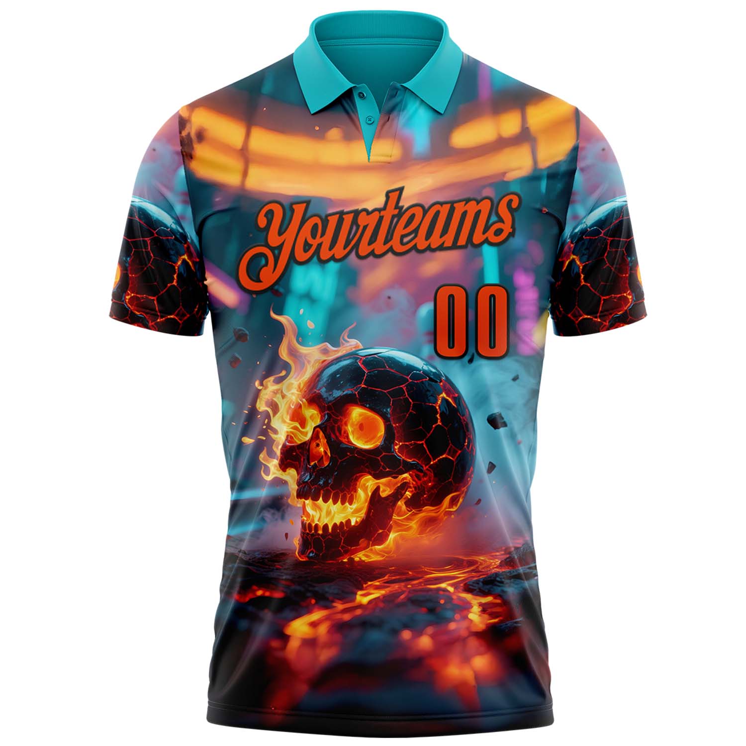 Custom Aqua Orange-Black 3D Flame Skull Bowling Performance Polo Shirt view 2