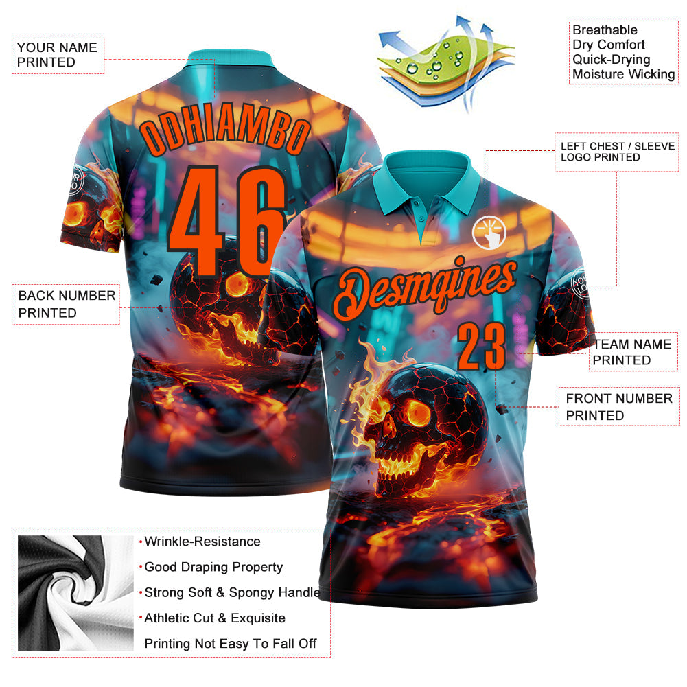 Custom Aqua Orange-Black 3D Flame Skull Bowling Performance Polo Shirt view 3