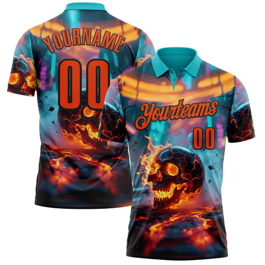 Custom Aqua Orange-Black 3D Flame Skull Bowling Performance Polo Shirt - Main View